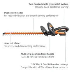 Worx WG260E.5 20V 2.0Ah Cordless Hedge Trimmer - 61cm -Garden & Outdoor Store 13326412 9914900646513268