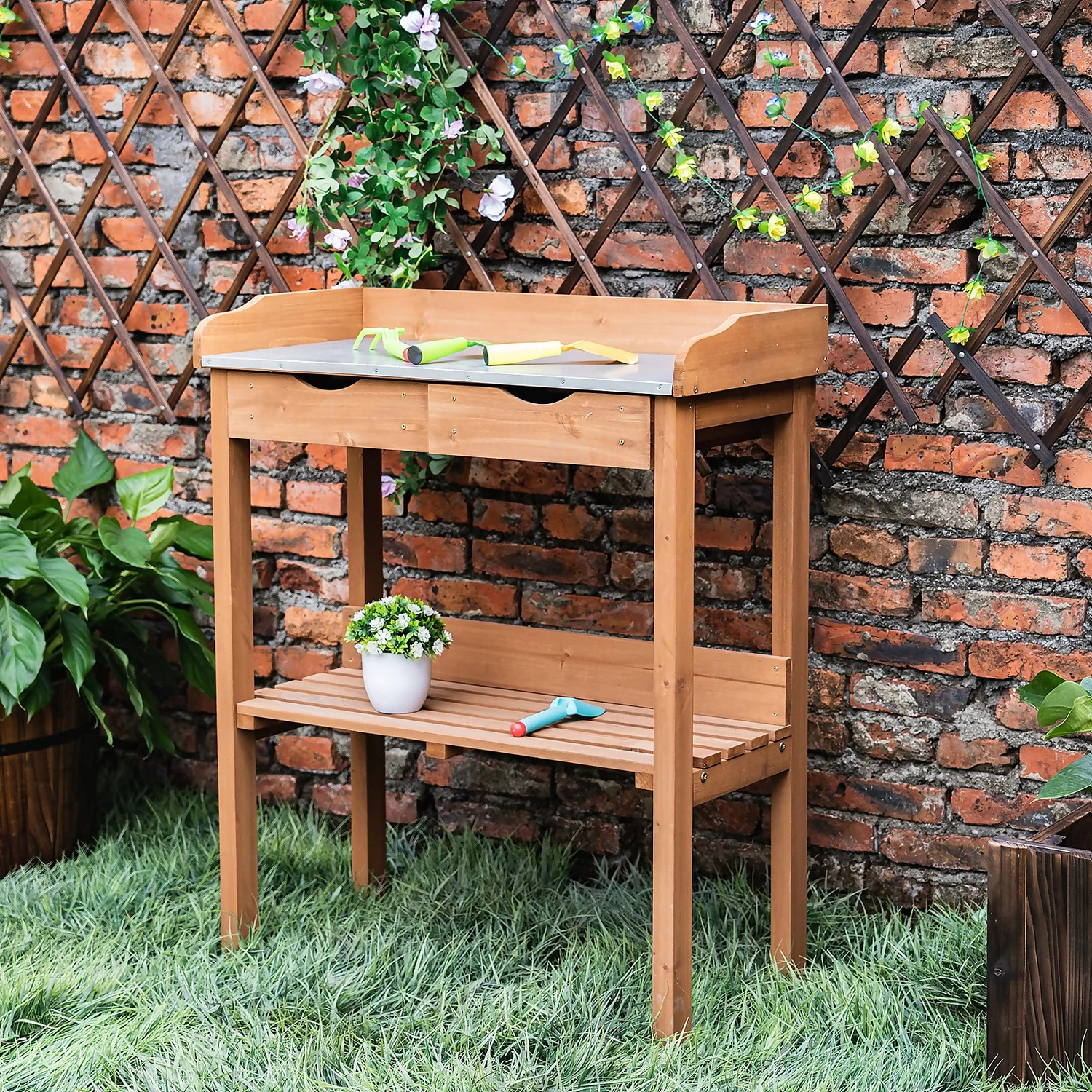 Garden Potting Bench With Two Drawers & Shelf 2 Garden Potting Bench With Two Drawers & Shelf - Image 2