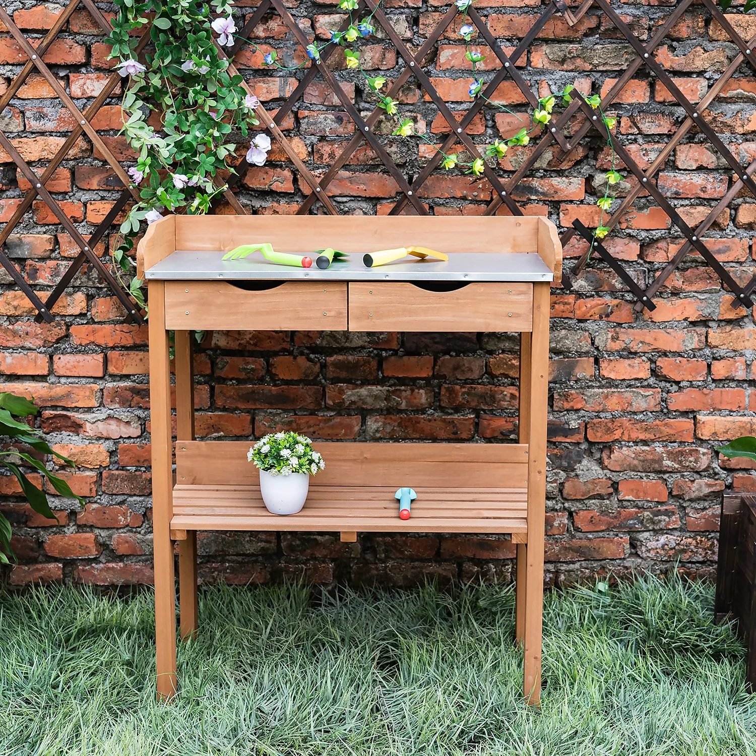 Garden Potting Bench With Two Drawers & Shelf 3 Garden Potting Bench With Two Drawers & Shelf - Image 3