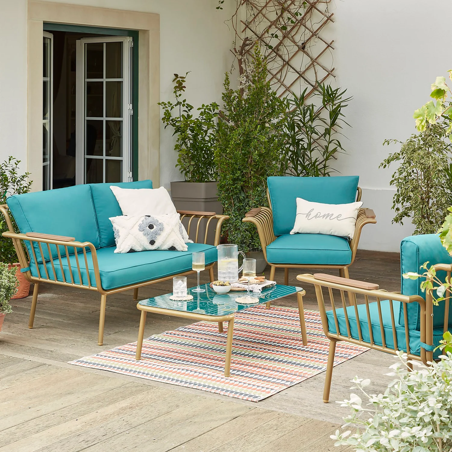 Omari Metal Garden Sofa Set - Teal & Gold 1 Omari Metal Garden Sofa Set - Teal & Gold